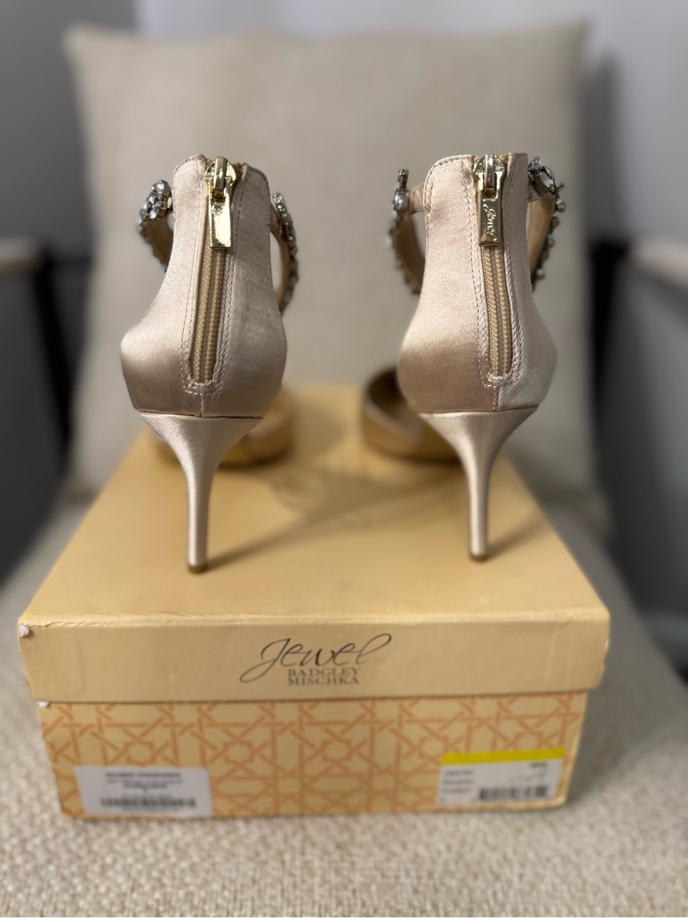 Jewel Badgley Mischka Champagne Satin Jeweled Ankle-Strap Stilettos